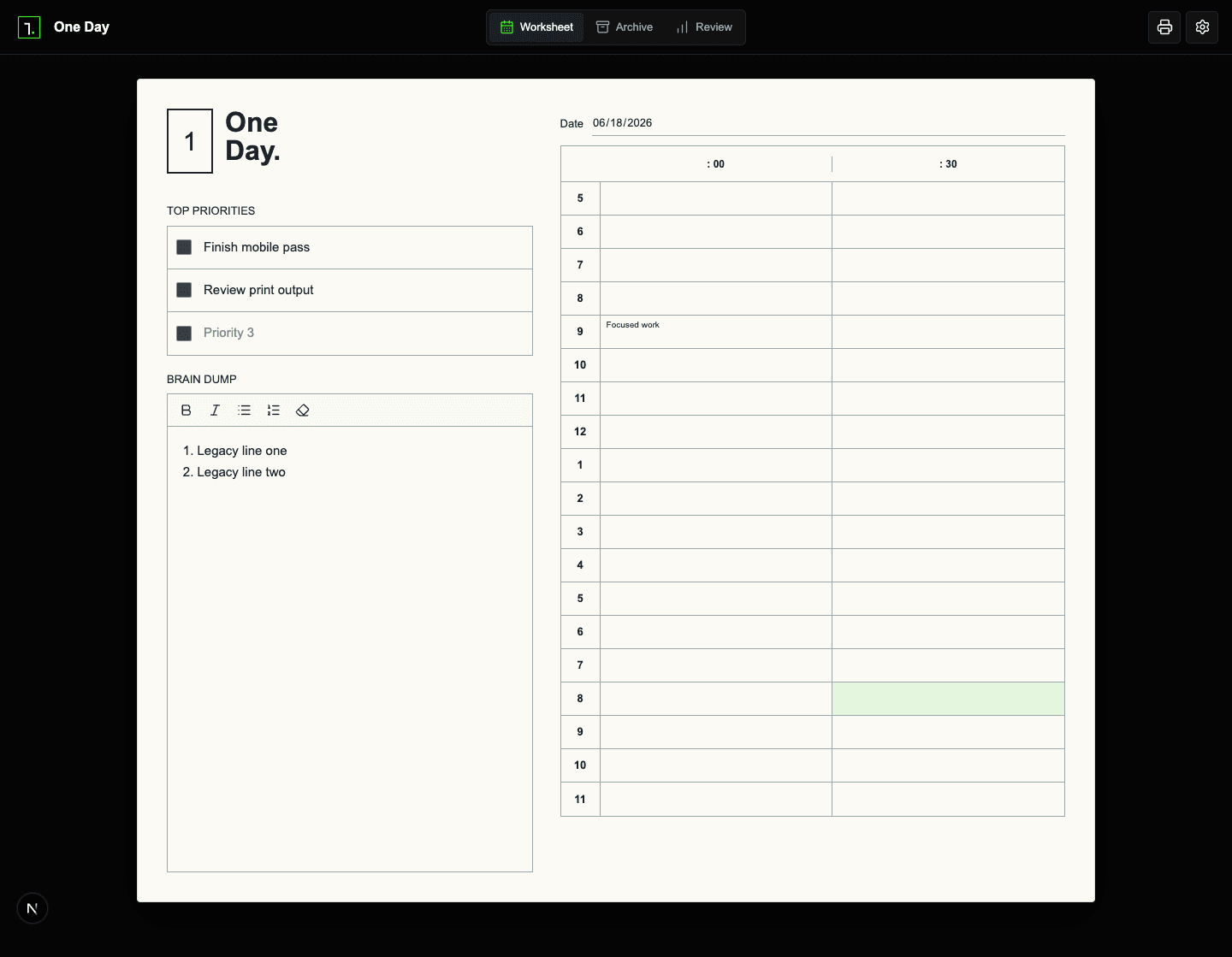 One Day worksheet showing priorities, a brain dump, and a time-blocked schedule