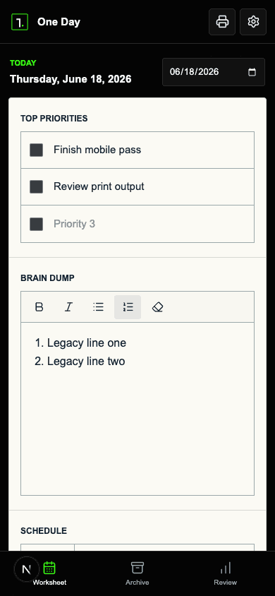 One Day worksheet on an iPhone-sized screen
